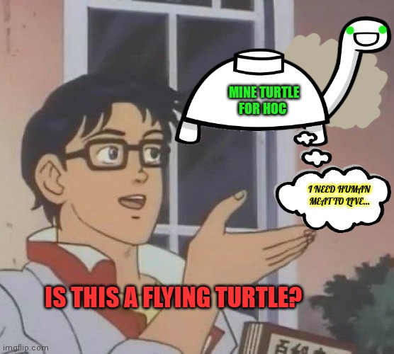 Mine turtle for HOC | MINE TURTLE FOR HOC; I NEED HUMAN MEAT TO LIVE... IS THIS A FLYING TURTLE? | image tagged in memes,is this a pigeon,mine turtle,is number 2 in the hood | made w/ Imgflip meme maker