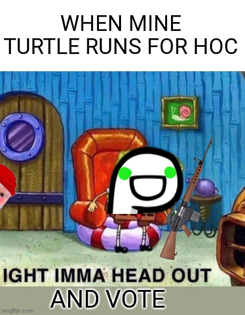 Mine turtle 4 HOC or whatever | WHEN MINE TURTLE RUNS FOR HOC; AND VOTE | image tagged in memes,spongebob ight imma head out,close enough,political,propaganda,cheap | made w/ Imgflip meme maker