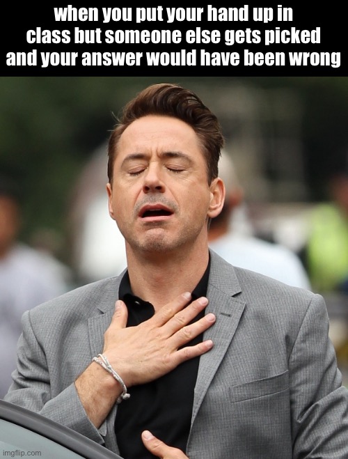 relieved rdj | when you put your hand up in class but someone else gets picked and your answer would have been wrong | image tagged in relieved rdj,memes | made w/ Imgflip meme maker