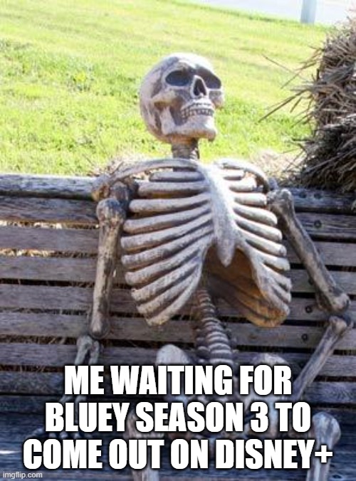 Bluey |  ME WAITING FOR BLUEY SEASON 3 TO COME OUT ON DISNEY+ | image tagged in memes,waiting skeleton,bluey,disney plus | made w/ Imgflip meme maker