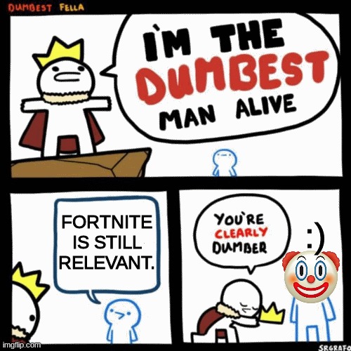 Dum | FORTNITE IS STILL RELEVANT. :) | image tagged in i'm the dumbest man alive | made w/ Imgflip meme maker