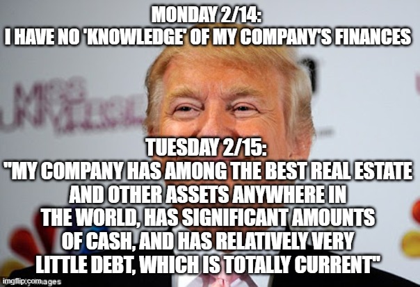 So, Which is the Lie? | MONDAY 2/14: 
I HAVE NO 'KNOWLEDGE' OF MY COMPANY'S FINANCES; TUESDAY 2/15: 
"MY COMPANY HAS AMONG THE BEST REAL ESTATE AND OTHER ASSETS ANYWHERE IN THE WORLD, HAS SIGNIFICANT AMOUNTS OF CASH, AND HAS RELATIVELY VERY LITTLE DEBT, WHICH IS TOTALLY CURRENT" | image tagged in donald trump approves,donald trump,lies | made w/ Imgflip meme maker