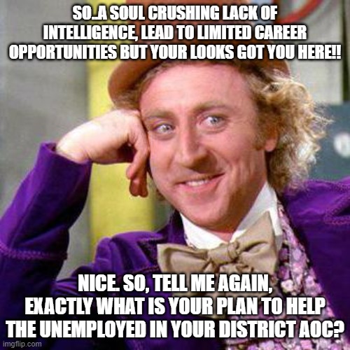 Willy Wonka Blank | SO..A SOUL CRUSHING LACK OF INTELLIGENCE, LEAD TO LIMITED CAREER OPPORTUNITIES BUT YOUR LOOKS GOT YOU HERE!! NICE. SO, TELL ME AGAIN, EXACTLY WHAT IS YOUR PLAN TO HELP THE UNEMPLOYED IN YOUR DISTRICT AOC? | image tagged in willy wonka blank | made w/ Imgflip meme maker