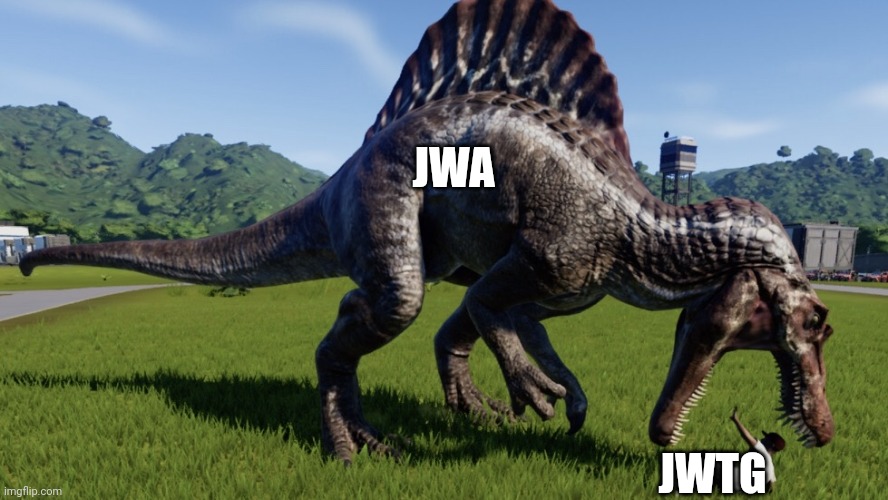 Spinosaurus eating a person | JWA; JWTG | image tagged in spinosaurus eating a person | made w/ Imgflip meme maker