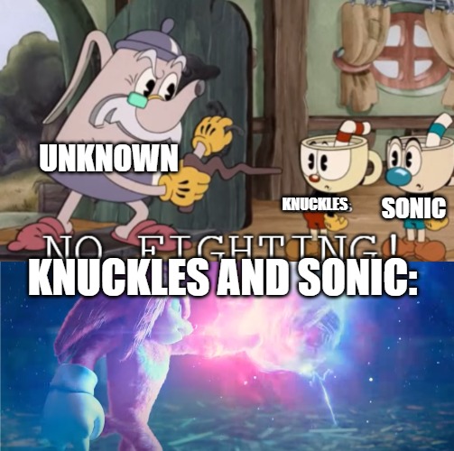 UNKNOWN; SONIC; KNUCKLES; KNUCKLES AND SONIC: | image tagged in knuckles vs sonic | made w/ Imgflip meme maker