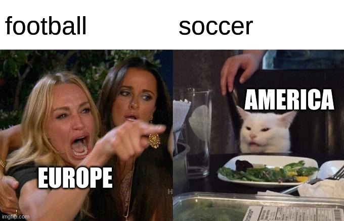 REEEEEEEEEEEEEEEEE | football; soccer; AMERICA; EUROPE | image tagged in memes,woman yelling at cat | made w/ Imgflip meme maker