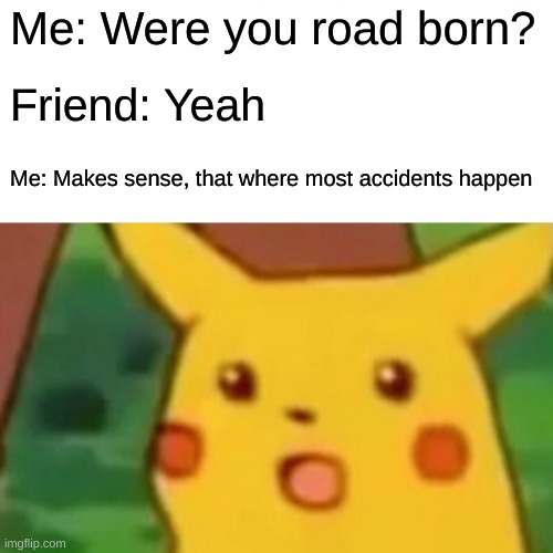 Surprised Pikachu | Me: Were you road born? Friend: Yeah; Me: Makes sense, that where most accidents happen | image tagged in memes,surprised pikachu,lol | made w/ Imgflip meme maker