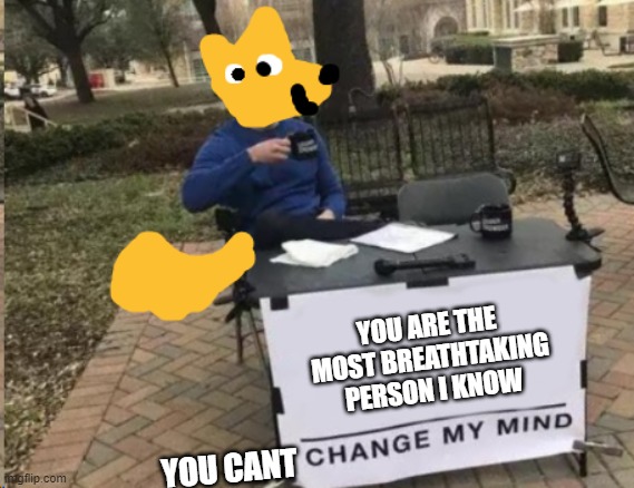 *whistles* | YOU ARE THE MOST BREATHTAKING PERSON I KNOW; YOU CANT | image tagged in change my mind furry edition,wholesome | made w/ Imgflip meme maker