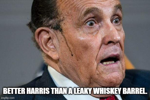 Rudy Giuliani | BETTER HARRIS THAN A LEAKY WHISKEY BARREL. | image tagged in rudy giuliani | made w/ Imgflip meme maker