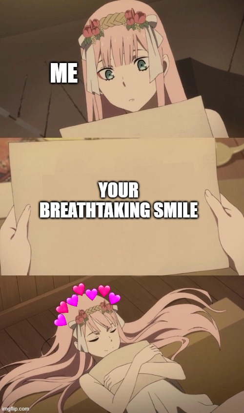 ahhhhh.. i love that feeling | ME; YOUR BREATHTAKING SMILE | image tagged in darling in the franxx love,wholesome,anime | made w/ Imgflip meme maker
