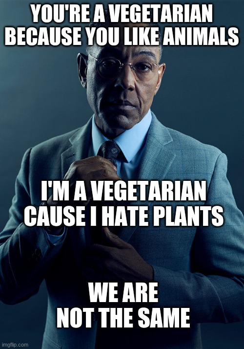 We will never be the same | YOU'RE A VEGETARIAN BECAUSE YOU LIKE ANIMALS; I'M A VEGETARIAN CAUSE I HATE PLANTS; WE ARE NOT THE SAME | image tagged in gus fring we are not the same,memes,funny,funny memes,vegetarian,plants | made w/ Imgflip meme maker