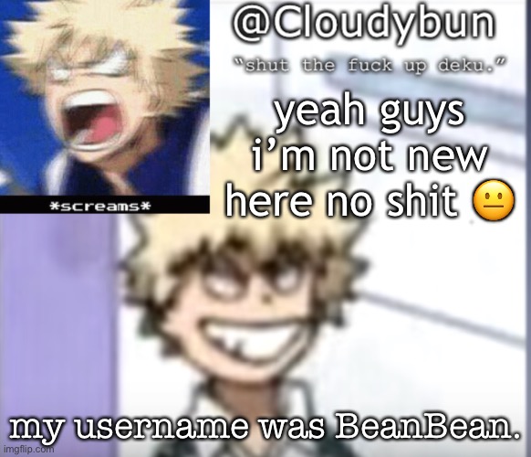 CRY ABOUT IT I USED YOUR TEMP- | yeah guys i’m not new here no shit 😐; my username was BeanBean. | image tagged in bakuhoe | made w/ Imgflip meme maker