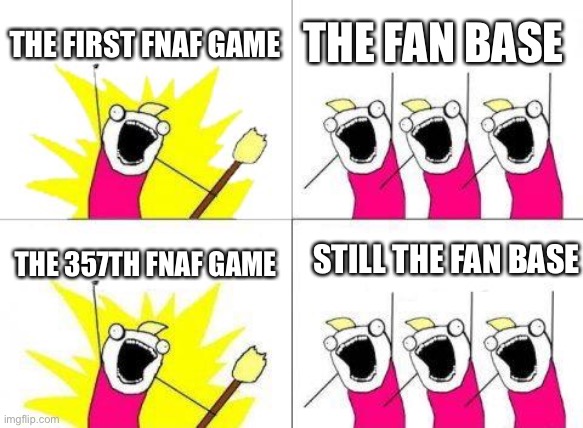 The fnaf fan base be like | THE FIRST FNAF GAME; THE FAN BASE; STILL THE FAN BASE; THE 357TH FNAF GAME | image tagged in memes,fnaf | made w/ Imgflip meme maker