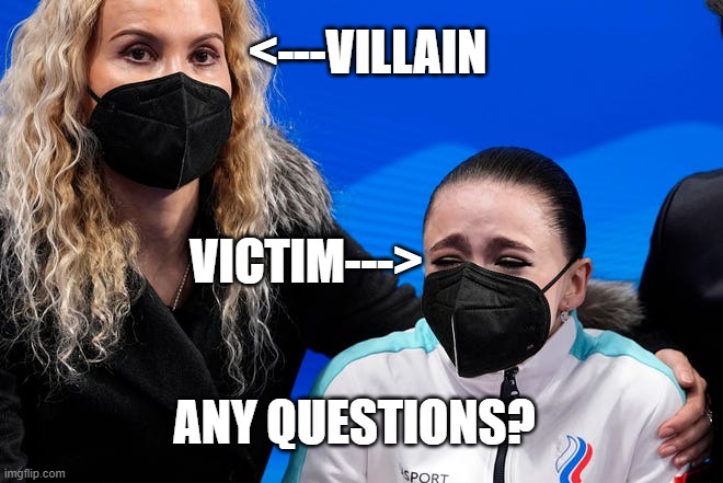 Russian Skater Kamila Valieva |  <---VILLAIN; VICTIM--->; ANY QUESTIONS? | image tagged in kamila valieva,russia,olympics,roc | made w/ Imgflip meme maker