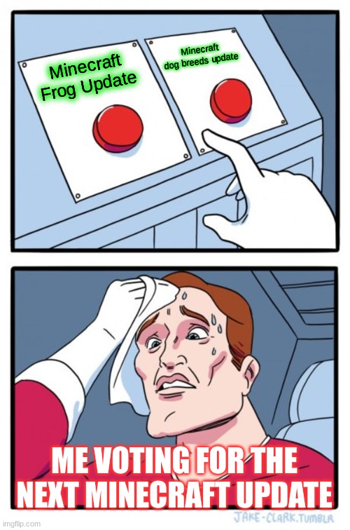 Two Buttons | Minecraft dog breeds update; Minecraft Frog Update; ME VOTING FOR THE NEXT MINECRAFT UPDATE | image tagged in memes,two buttons | made w/ Imgflip meme maker