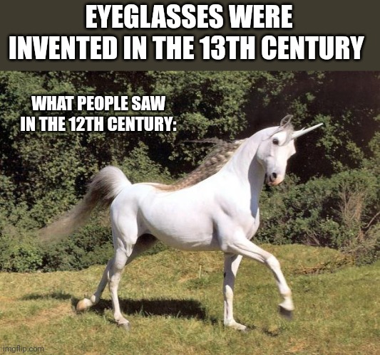 Unicorns | EYEGLASSES WERE INVENTED IN THE 13TH CENTURY; WHAT PEOPLE SAW IN THE 12TH CENTURY: | image tagged in unicorns | made w/ Imgflip meme maker