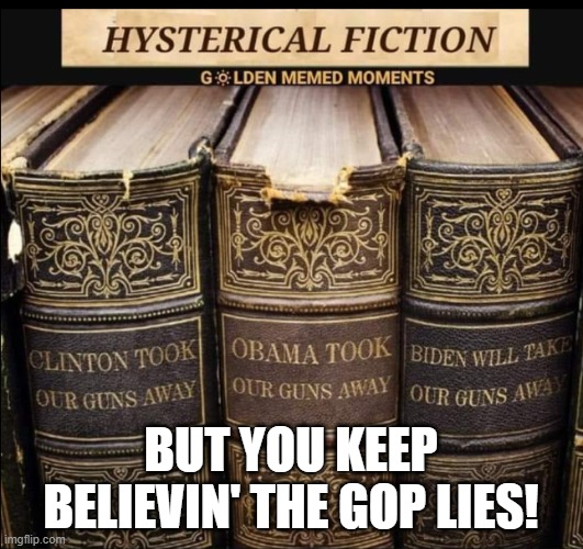 Hysterical FIction | BUT YOU KEEP BELIEVIN' THE GOP LIES! | image tagged in hysterical fiction | made w/ Imgflip meme maker