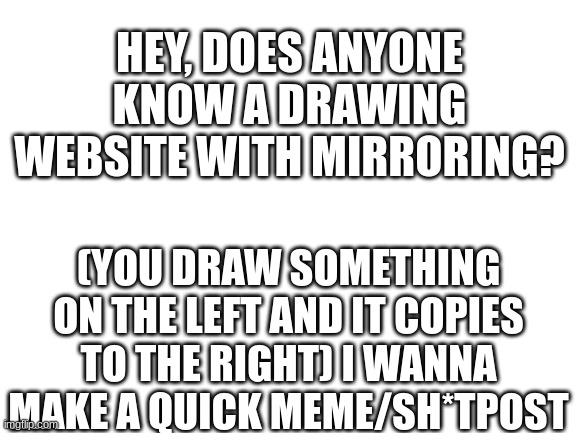 Also, I won't be on very long today. | HEY, DOES ANYONE KNOW A DRAWING WEBSITE WITH MIRRORING? (YOU DRAW SOMETHING ON THE LEFT AND IT COPIES TO THE RIGHT) I WANNA MAKE A QUICK MEME/SH*TPOST | image tagged in blank white template | made w/ Imgflip meme maker