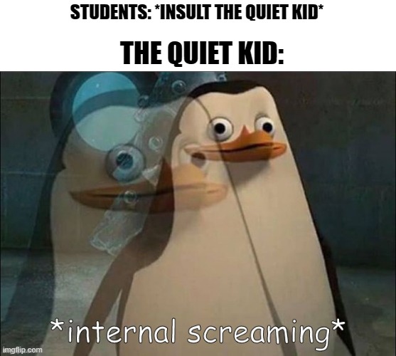 "AAAAAHHHHHHHH!!!!!!!!! WHYYY?!?!?!?! WHY MUST YOU TORTURE ME SO MUCH?!?!" | STUDENTS: *INSULT THE QUIET KID*; THE QUIET KID: | image tagged in private internal screaming | made w/ Imgflip meme maker