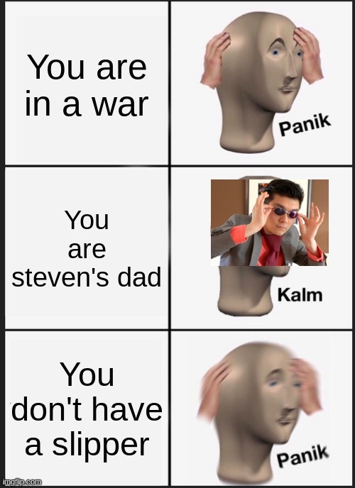 Stoobid | You are in a war; You are steven's dad; You don't have a slipper | image tagged in memes,panik kalm panik | made w/ Imgflip meme maker