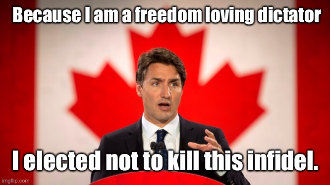 Justin Trudeau | Because I am a freedom loving dictator I elected not to kill this infidel. | image tagged in justin trudeau | made w/ Imgflip meme maker