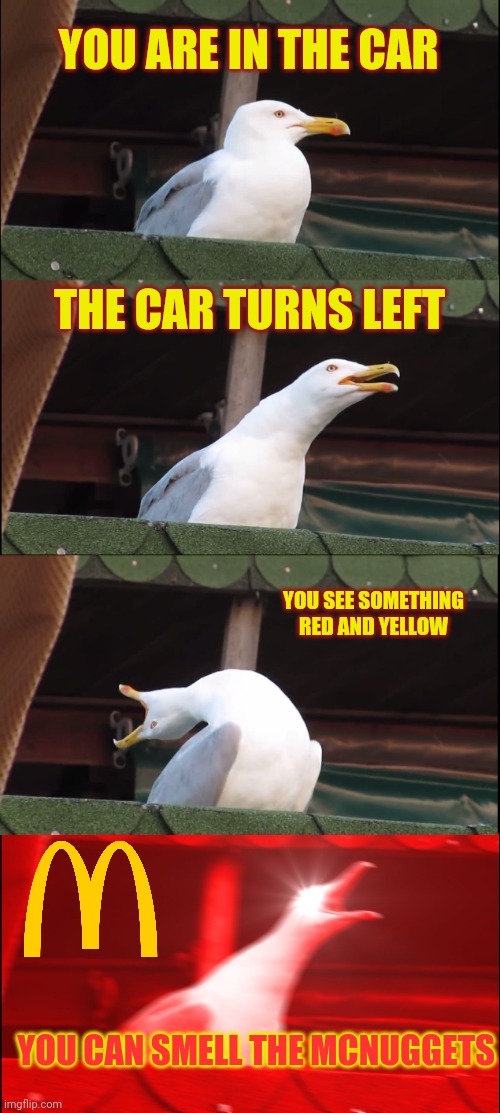 Fulfilling all of my dreams | YOU ARE IN THE CAR; THE CAR TURNS LEFT; YOU SEE SOMETHING RED AND YELLOW; YOU CAN SMELL THE MCNUGGETS | image tagged in memes,inhaling seagull,mcdonalds,food,mine | made w/ Imgflip meme maker