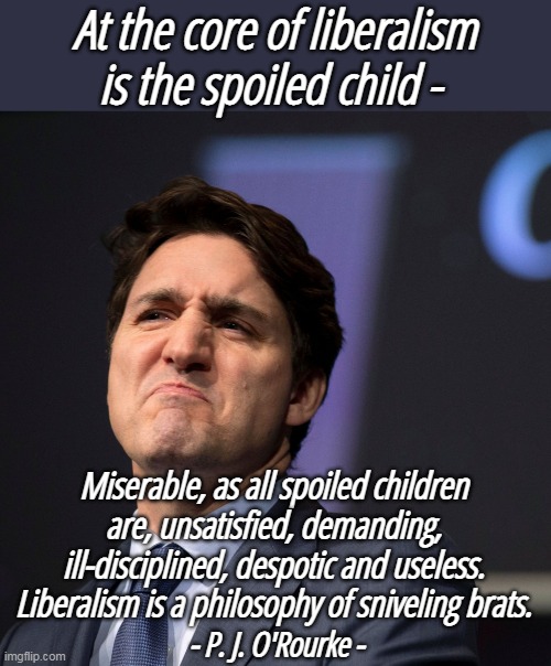 True of them all. Equally true that they are bad for civilization. | At the core of liberalism is the spoiled child -; Miserable, as all spoiled children are, unsatisfied, demanding, ill-disciplined, despotic and useless. Liberalism is a philosophy of sniveling brats. - P. J. O'Rourke - | image tagged in justine trudeau scowl,stupid liberals,civilization,democrats | made w/ Imgflip meme maker