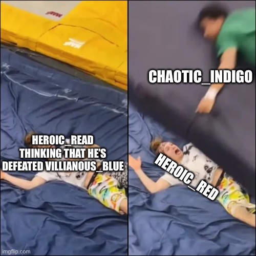 Guy Getting Crushed By A Mat | CHAOTIC_INDIGO; HEROIC_READ THINKING THAT HE’S DEFEATED VILLIANOUS_BLUE; HEROIC_RED | image tagged in guy getting crushed by a mat | made w/ Imgflip meme maker