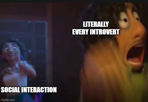 Social interaction vs introverts :] | LITERALLY EVERY INTROVERT; SOCIAL INTERACTION | image tagged in encanto,encanto meme,we don't talk about bruno,bruno | made w/ Imgflip meme maker