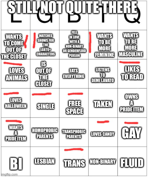 any tips for coming out | STILL NOT QUITE THERE | image tagged in lgbtq bingo,lgbtq | made w/ Imgflip meme maker