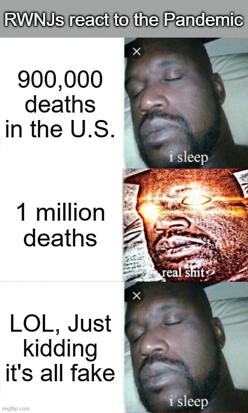 When will they wake up? This here's a prediction of the reaction. | RWNJs react to the Pandemic; 900,000 deaths in the U.S. 1 million deaths; LOL, Just kidding it's all fake | image tagged in memes,sleeping shaq,pandemic,covid-19,right wing,deaths | made w/ Imgflip meme maker