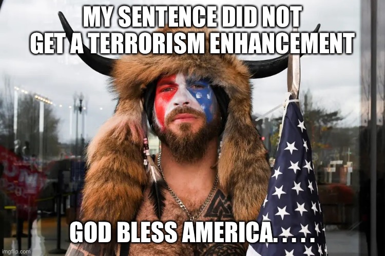 Horned Guy Serious | MY SENTENCE DID NOT GET A TERRORISM ENHANCEMENT GOD BLESS AMERICA. . . . . | image tagged in horned guy serious | made w/ Imgflip meme maker