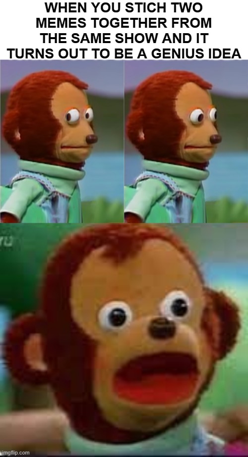 WHEN YOU STICH TWO MEMES TOGETHER FROM THE SAME SHOW AND IT TURNS OUT TO BE A GENIUS IDEA | image tagged in puppet monkey looking away | made w/ Imgflip meme maker