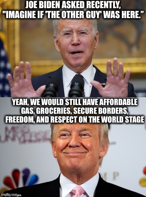 Let’s go Brandon | JOE BIDEN ASKED RECENTLY, "IMAGINE IF 'THE OTHER GUY' WAS HERE.”; YEAH, WE WOULD STILL HAVE AFFORDABLE GAS, GROCERIES, SECURE BORDERS, FREEDOM, AND RESPECT ON THE WORLD STAGE | image tagged in joe biden,donald trump,memes,gasoline,economy,illegal immigration | made w/ Imgflip meme maker