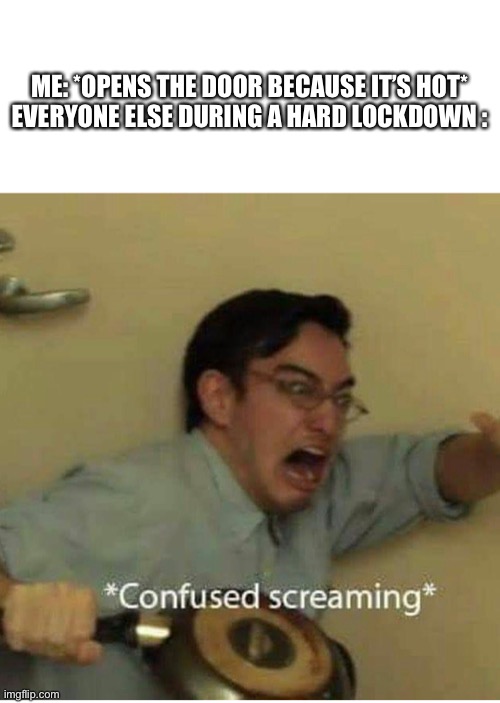 confused screaming | ME: *OPENS THE DOOR BECAUSE IT’S HOT*
EVERYONE ELSE DURING A HARD LOCKDOWN : | image tagged in confused screaming | made w/ Imgflip meme maker