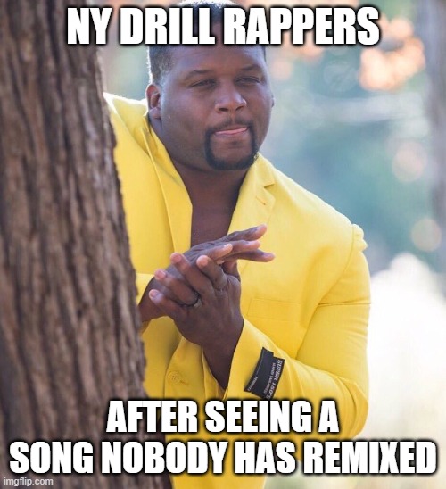 Black guy hiding behind tree | NY DRILL RAPPERS; AFTER SEEING A SONG NOBODY HAS REMIXED | image tagged in black guy hiding behind tree | made w/ Imgflip meme maker