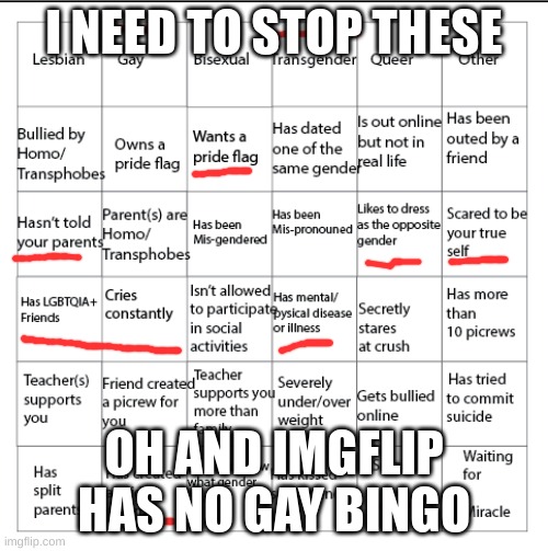 i curently mle and want to be female | I NEED TO STOP THESE; OH AND IMGFLIP HAS NO GAY BINGO | image tagged in lgbtqia bingo | made w/ Imgflip meme maker