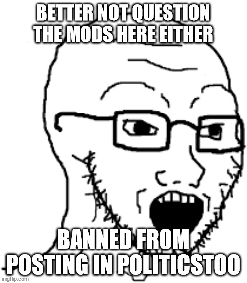 Soyboy | BETTER NOT QUESTION THE MODS HERE EITHER BANNED FROM POSTING IN POLITICSTOO | image tagged in soyboy | made w/ Imgflip meme maker