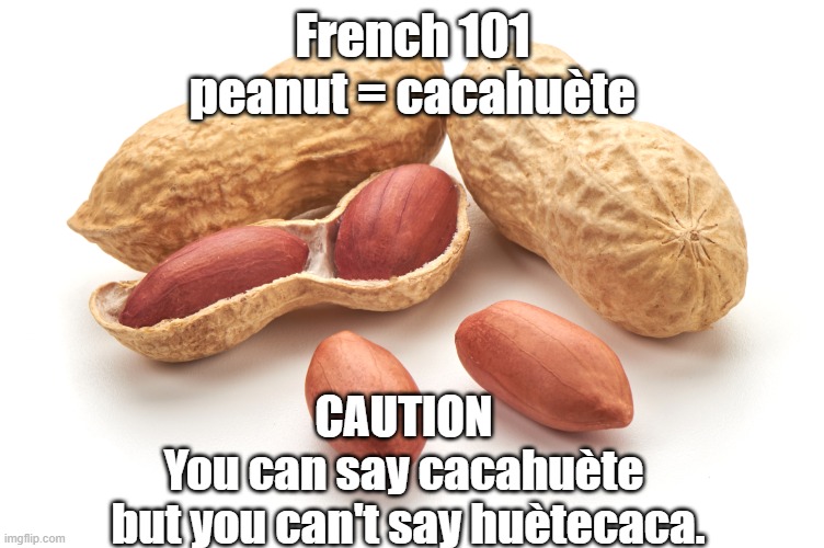 Peanut | French 101
peanut = cacahuète; CAUTION
You can say cacahuète
 but you can't say huètecaca. | image tagged in peanut | made w/ Imgflip meme maker