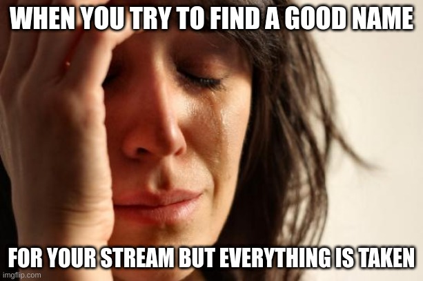 why | WHEN YOU TRY TO FIND A GOOD NAME; FOR YOUR STREAM BUT EVERYTHING IS TAKEN | image tagged in memes,first world problems | made w/ Imgflip meme maker