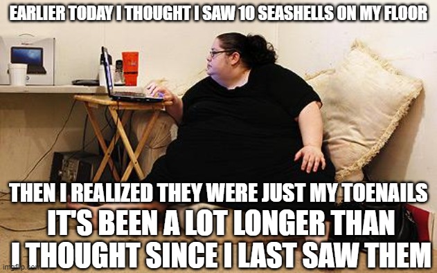 Obese Woman at Computer | EARLIER TODAY I THOUGHT I SAW 10 SEASHELLS ON MY FLOOR; THEN I REALIZED THEY WERE JUST MY TOENAILS; IT'S BEEN A LOT LONGER THAN I THOUGHT SINCE I LAST SAW THEM | image tagged in obese woman at computer,memes,toes,fat,woman | made w/ Imgflip meme maker