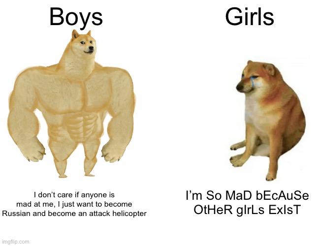 Buff Doge vs. Cheems | Boys; Girls; I’m So MaD bEcAuSe OtHeR gIrLs ExIsT; I don’t care if anyone is mad at me, I just want to become Russian and become an attack helicopter | image tagged in memes,buff doge vs cheems | made w/ Imgflip meme maker