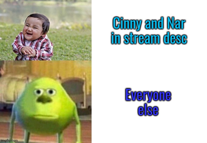 Not funny | Cinny and Nar in stream desc; Everyone else | image tagged in not funny | made w/ Imgflip meme maker