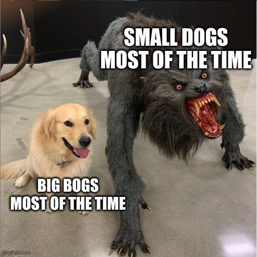 am i wrong? | SMALL DOGS MOST OF THE TIME; BIG BOGS MOST OF THE TIME | image tagged in dog vs werewolf,good dogos ether way | made w/ Imgflip meme maker
