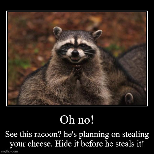 Oh no! | See this racoon? he's planning on stealing your cheese. Hide it before he steals it! | image tagged in funny,demotivationals | made w/ Imgflip demotivational maker