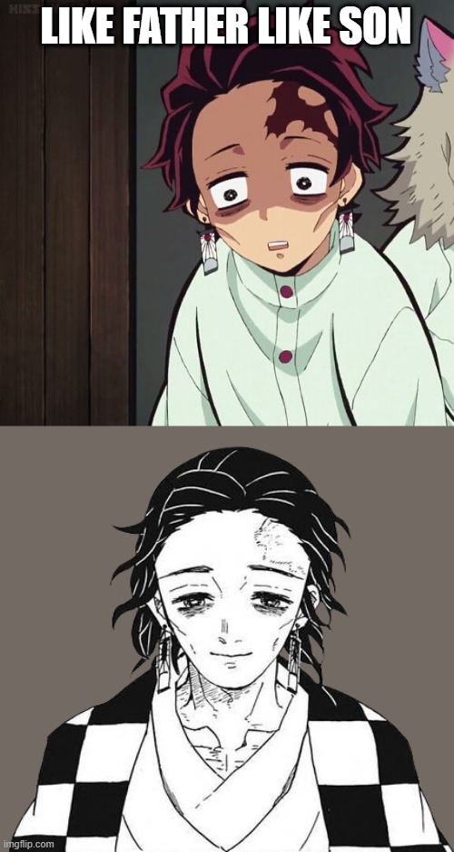 They're both worn tf out | LIKE FATHER LIKE SON | image tagged in demon slayer | made w/ Imgflip meme maker