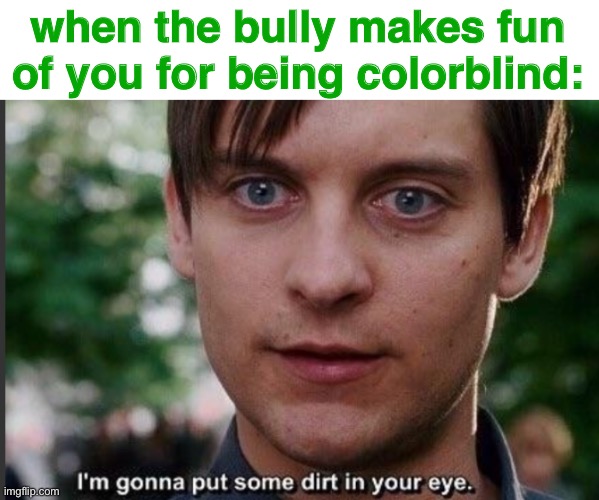 oof | when the bully makes fun of you for being colorblind: | image tagged in i'm gonna put some dirt in your eye | made w/ Imgflip meme maker