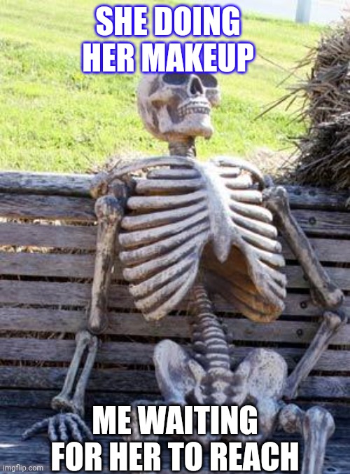 Babe | SHE DOING HER MAKEUP; ME WAITING FOR HER TO REACH | image tagged in memes,waiting skeleton | made w/ Imgflip meme maker