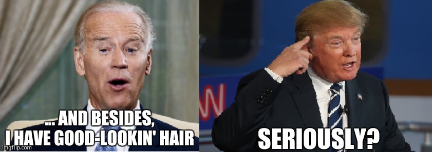 The REAL reason Biden thinks he's president | ... AND BESIDES, I HAVE GOOD-LOOKIN' HAIR; SERIOUSLY? | image tagged in biden vs trump,trump for president,hair | made w/ Imgflip meme maker