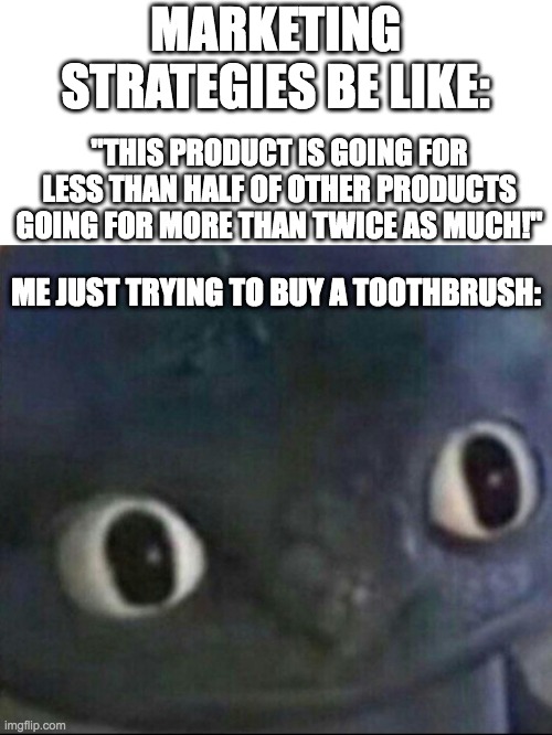 Marketing strategies be like | MARKETING STRATEGIES BE LIKE:; "THIS PRODUCT IS GOING FOR LESS THAN HALF OF OTHER PRODUCTS GOING FOR MORE THAN TWICE AS MUCH!"; ME JUST TRYING TO BUY A TOOTHBRUSH: | image tagged in toothless blank stare,memes,marketing,comfusing | made w/ Imgflip meme maker